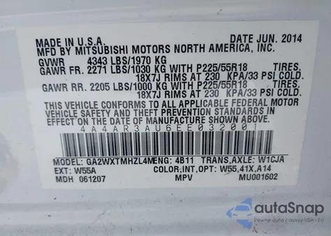 2014 Mitsubishi Outlander Sport Es from USA, damaged, VIN 4A4AR3AU6EE032001
